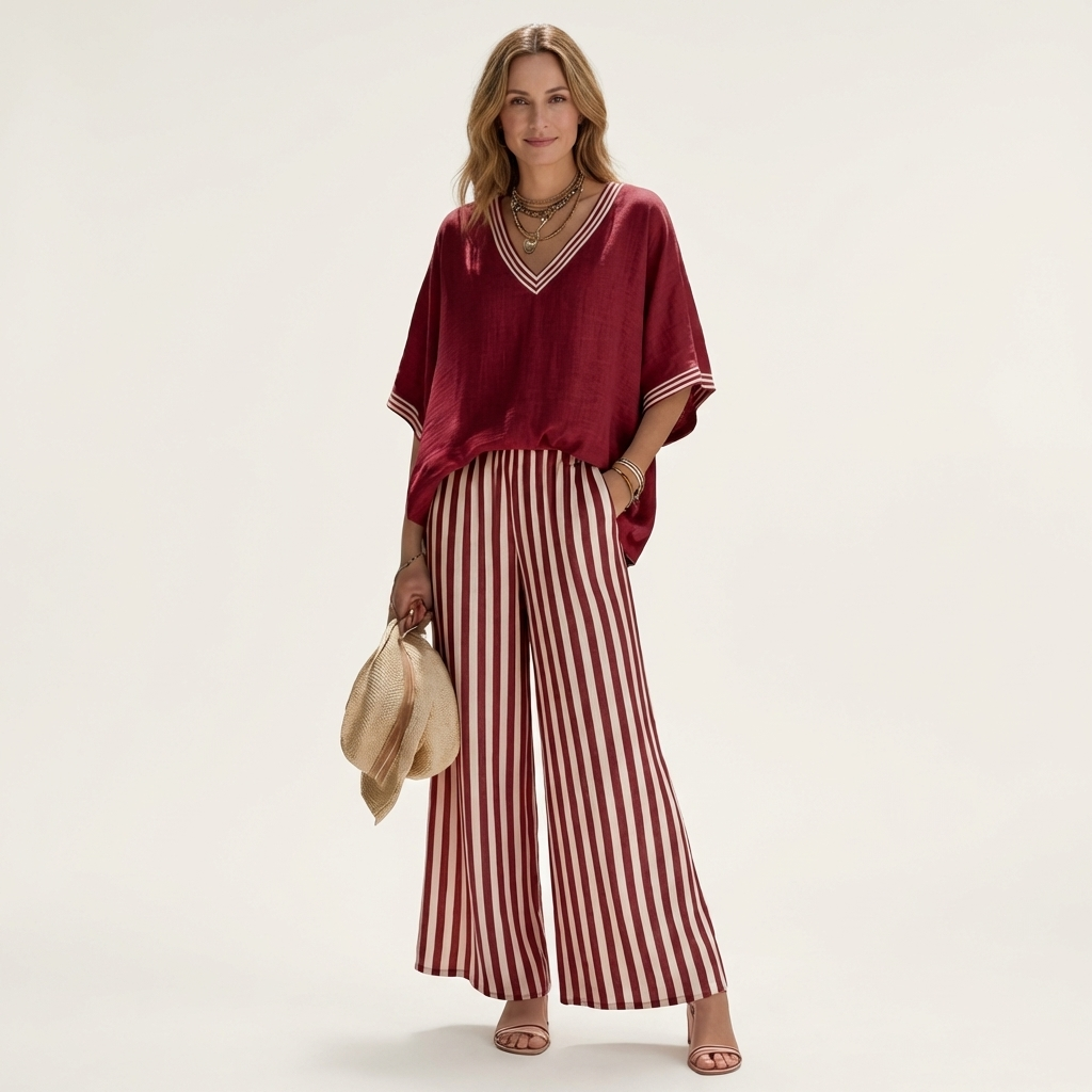 Juliana | V Neck Varsity Top And Stripe Wide Leg