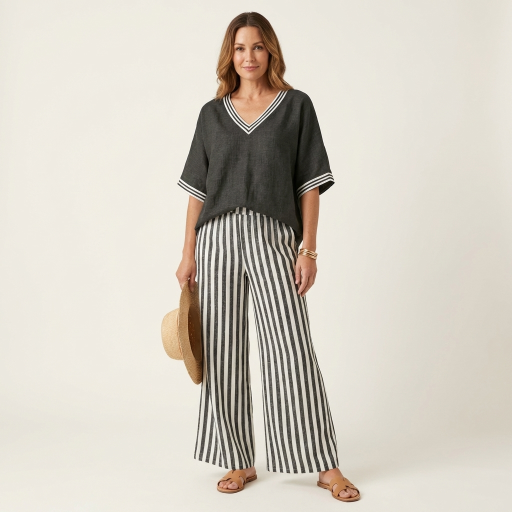 Juliana | V Neck Varsity Top And Stripe Wide Leg
