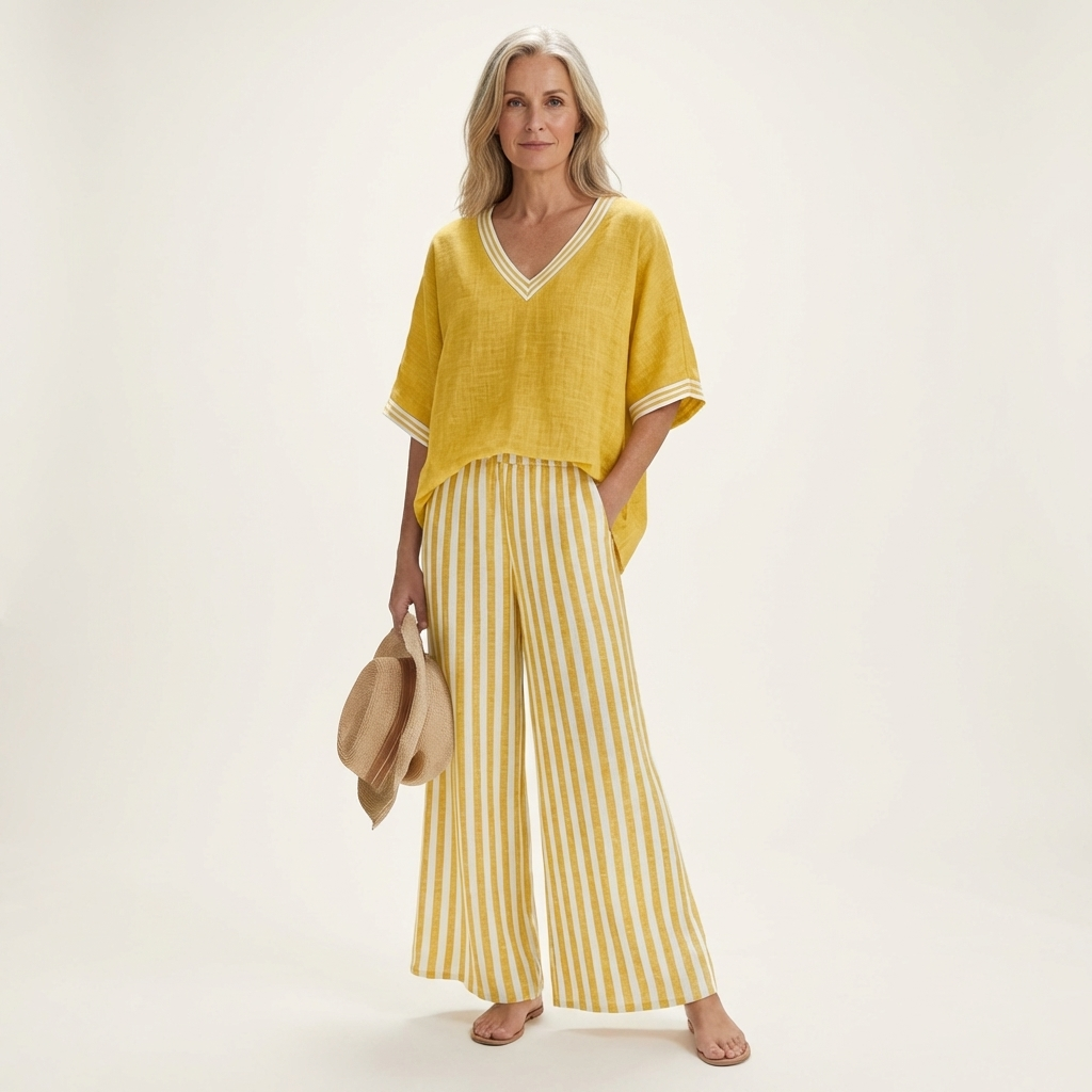 Juliana | V Neck Varsity Top And Stripe Wide Leg