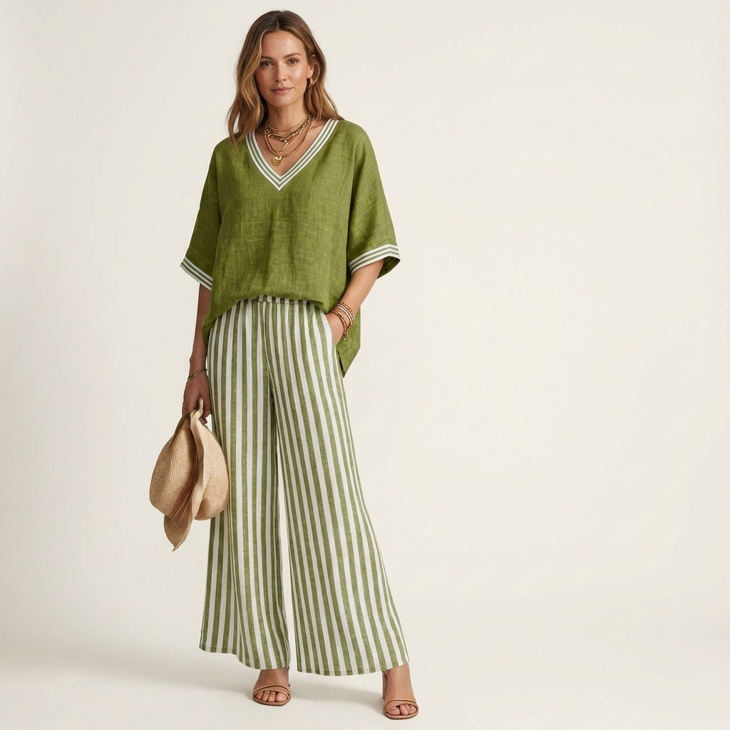 Juliana | V Neck Varsity Top And Stripe Wide Leg