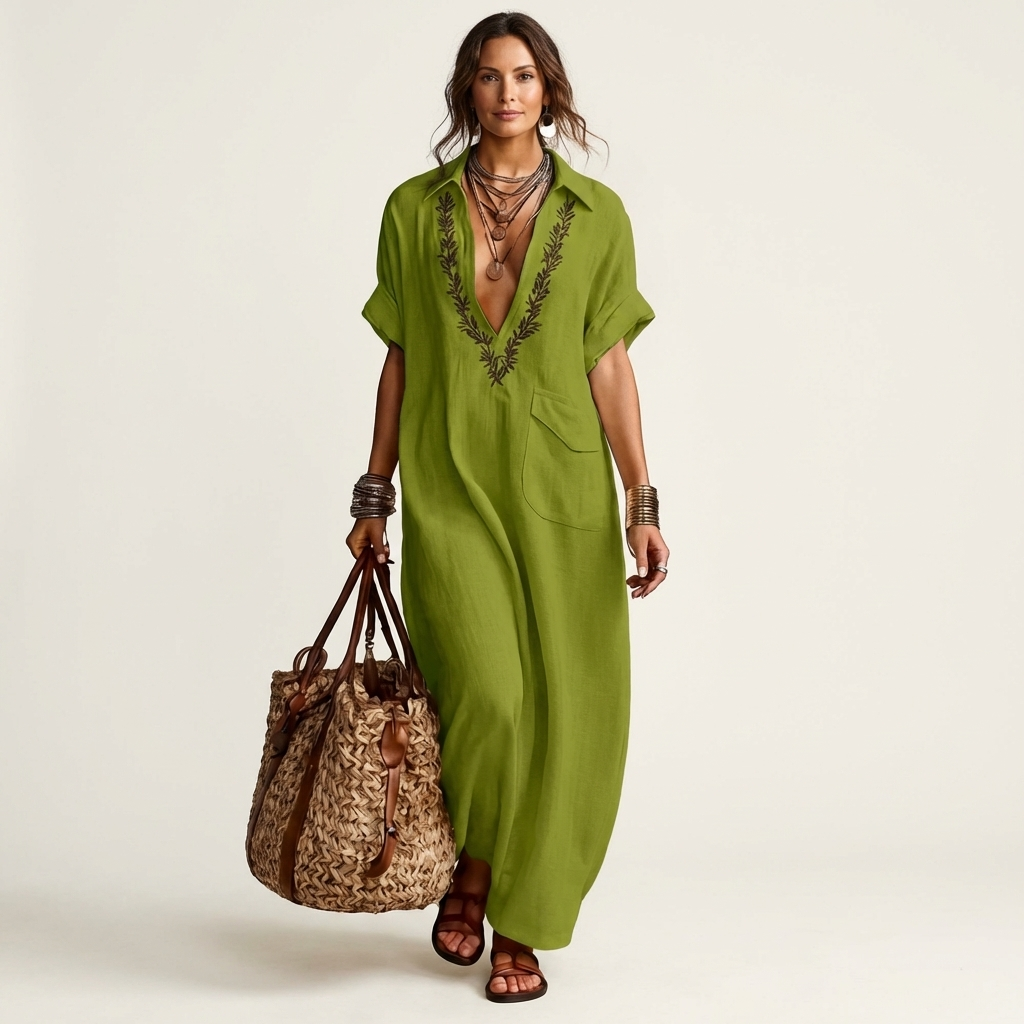 Amarina | Embroidered V Neck Collar Linen Maxi Dress