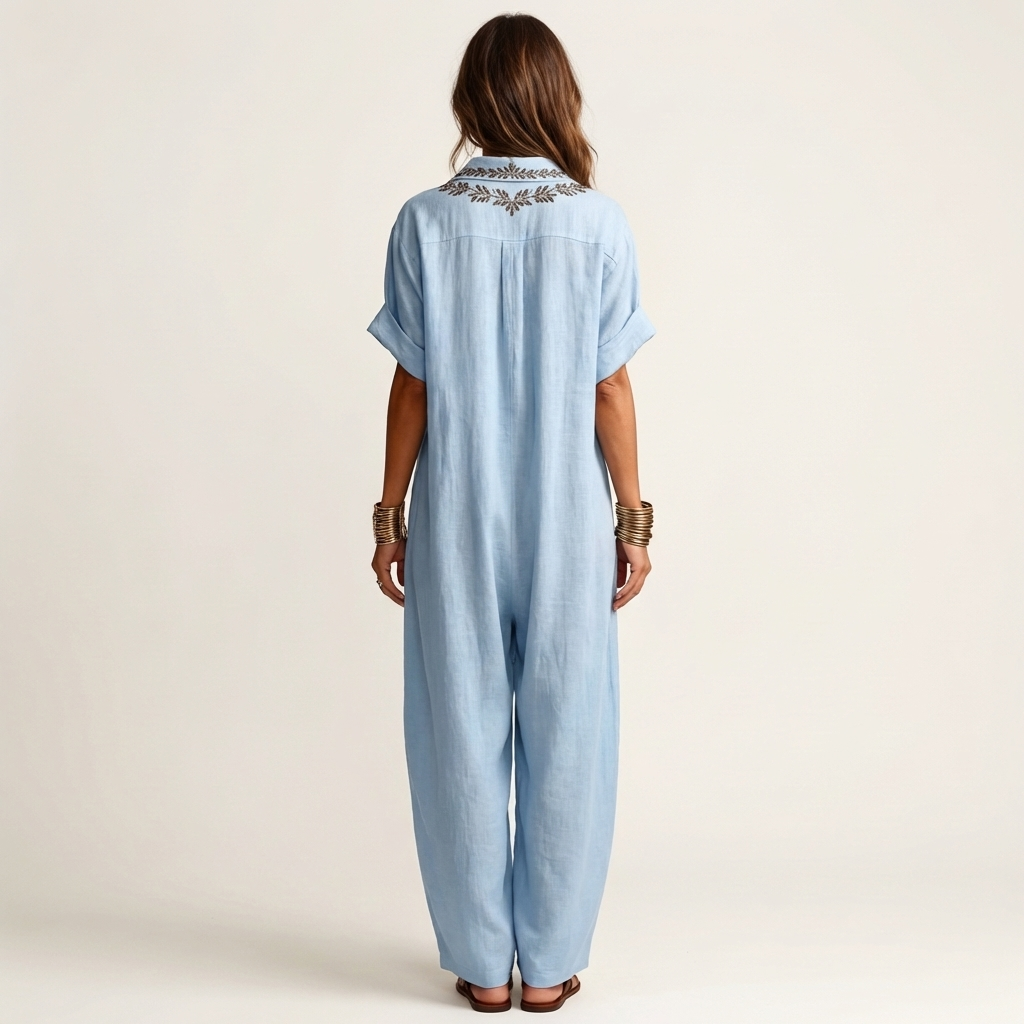 Amarina | Embroidered V Neck Collar Linen Maxi Dress