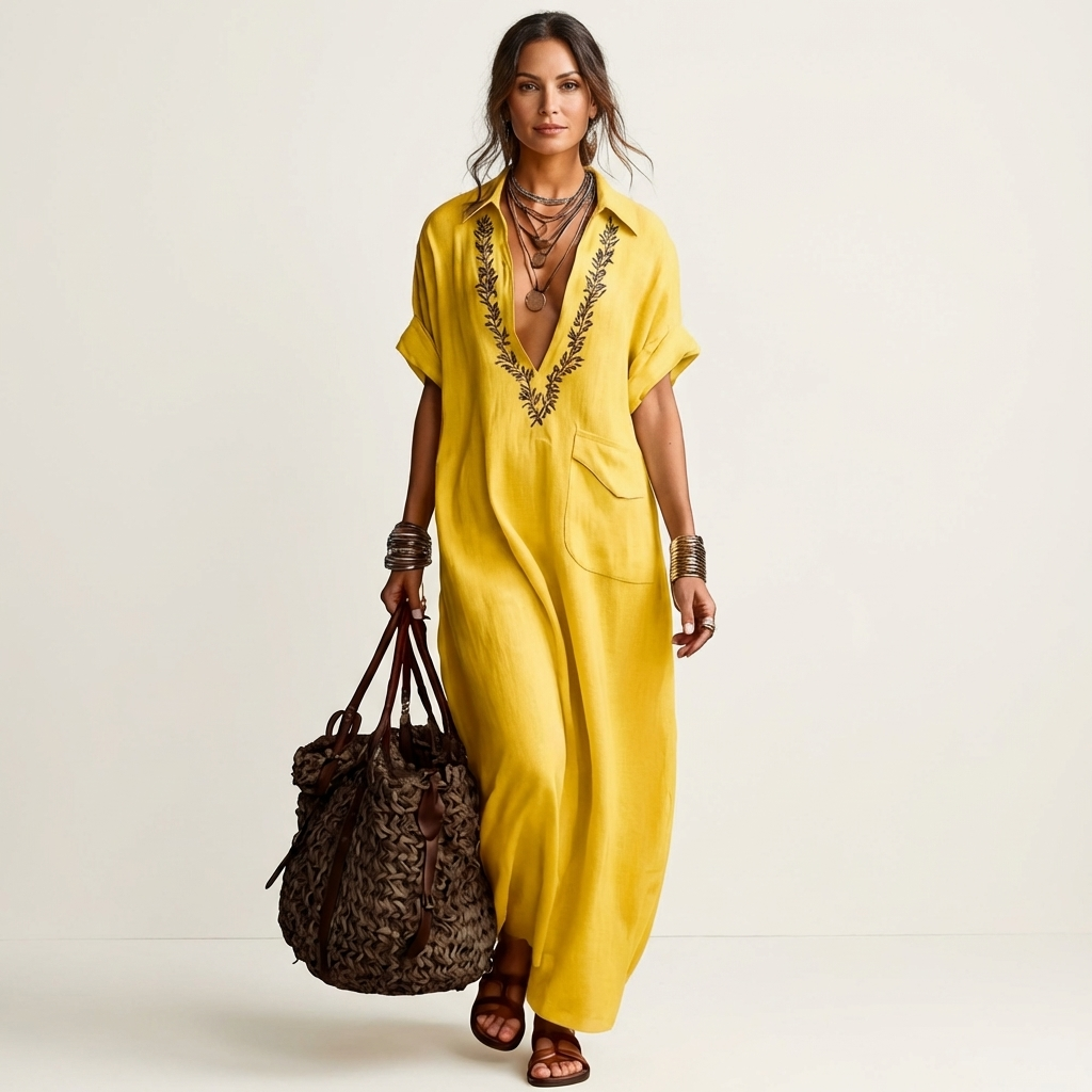 Amarina | Embroidered V Neck Collar Linen Maxi Dress
