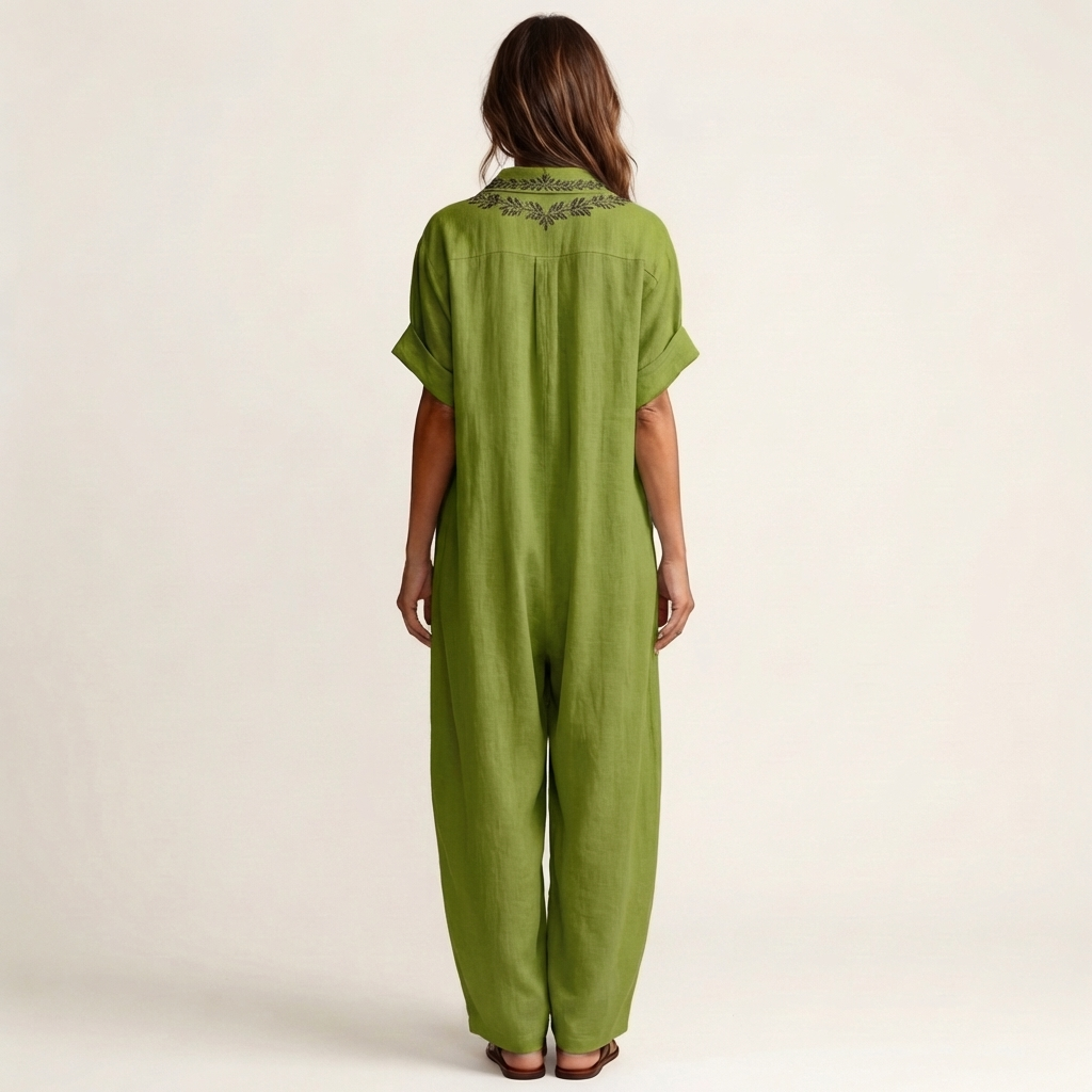 Amarina | Embroidered V Neck Collar Linen Maxi Dress