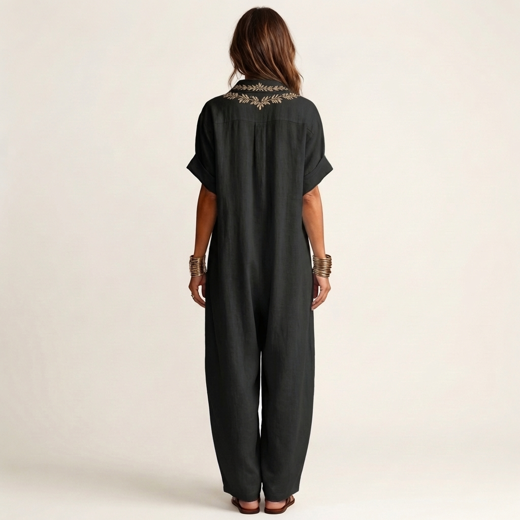 Amarina | Embroidered V Neck Collar Linen Maxi Dress