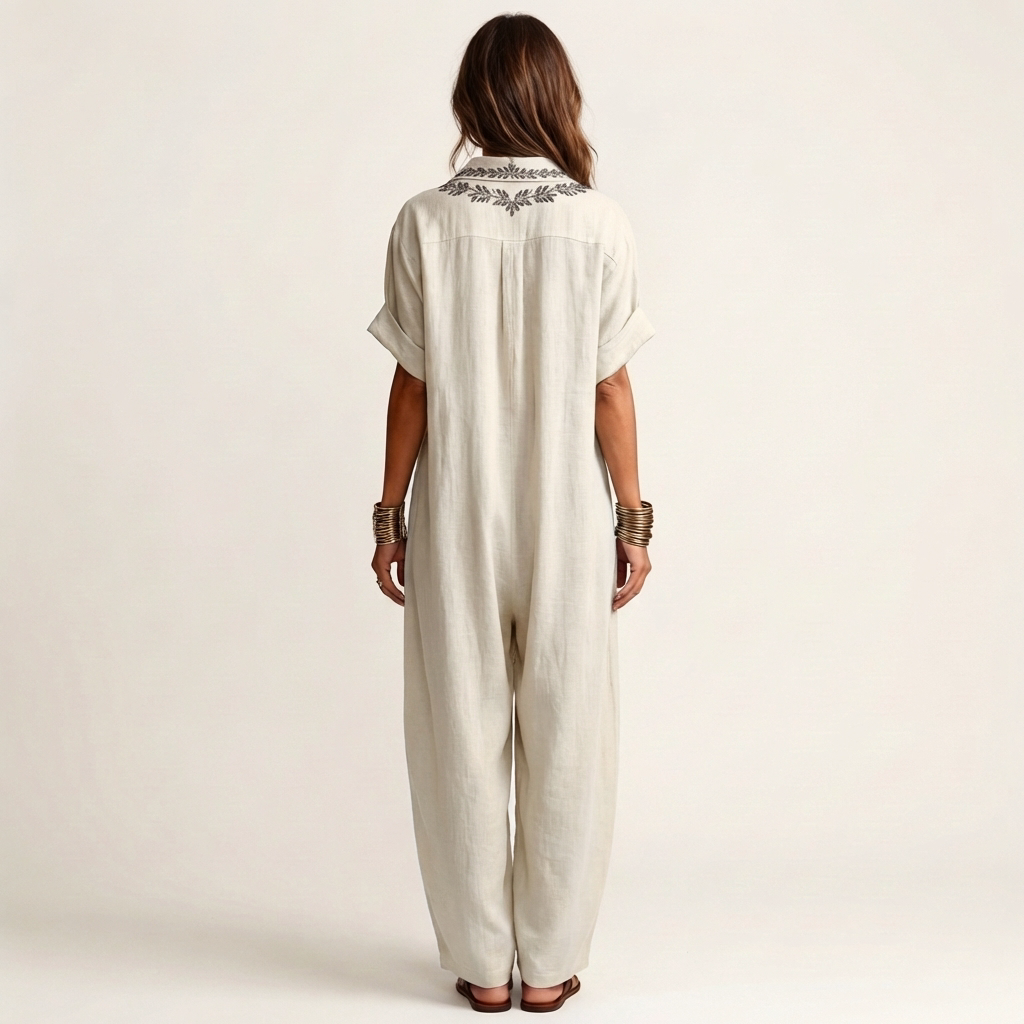 Amarina | Embroidered V Neck Collar Linen Maxi Dress
