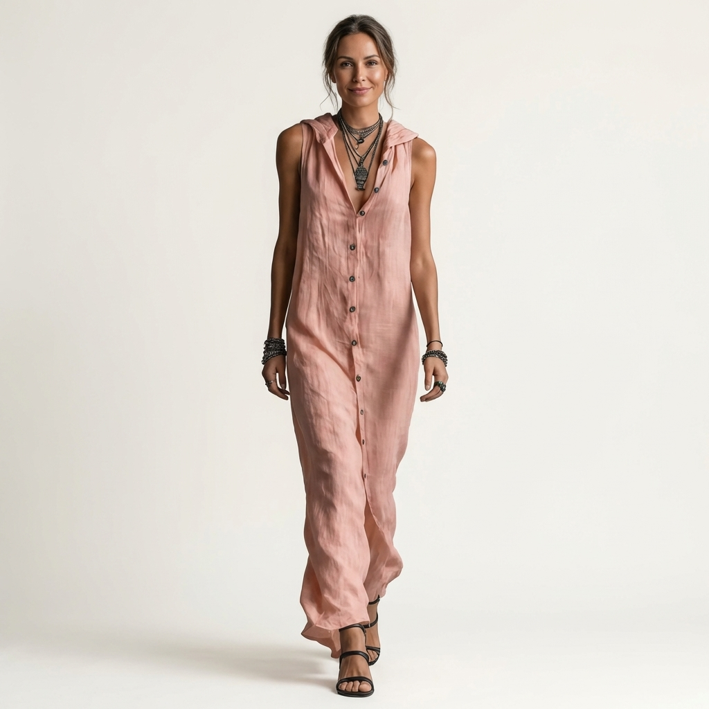 Mirabell | Hooded Button Front Sleeveless Linen Maxi Dress