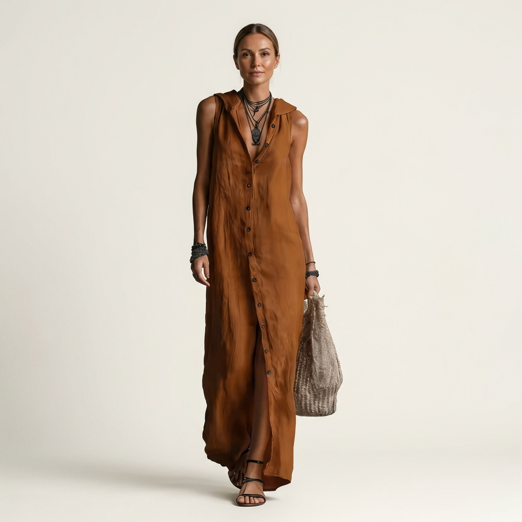 Mirabell | Hooded Button Front Sleeveless Linen Maxi Dress
