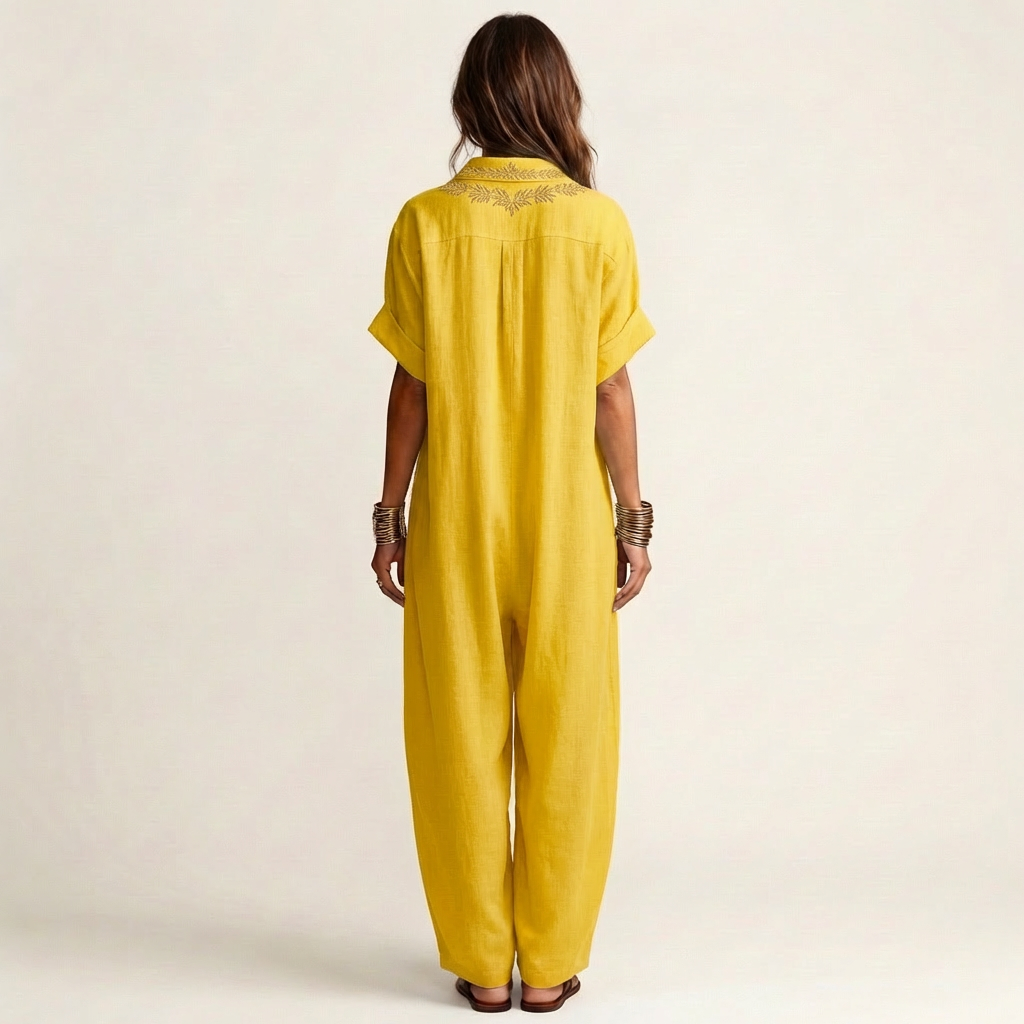 Amarina | Embroidered V Neck Collar Linen Maxi Dress