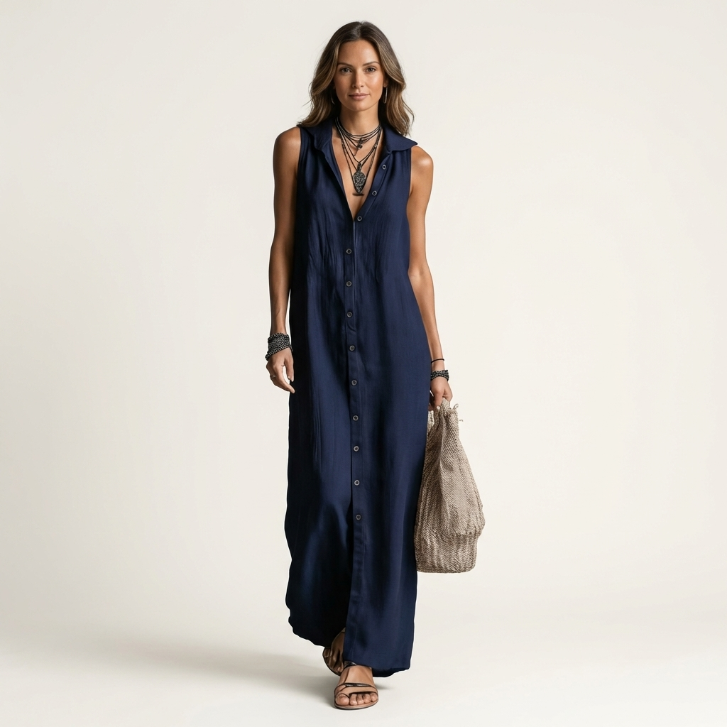 Mirabell | Hooded Button Front Sleeveless Linen Maxi Dress