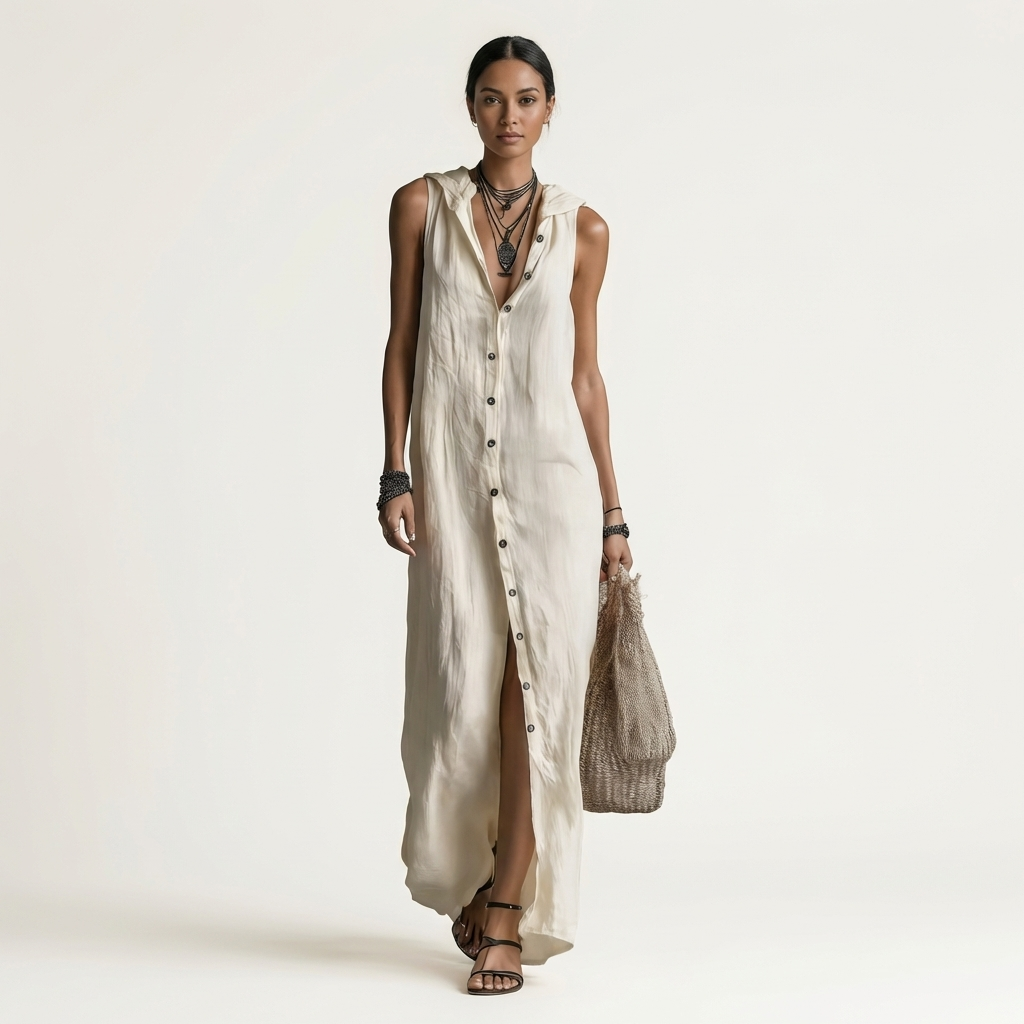 Mirabell | Hooded Button Front Sleeveless Linen Maxi Dress