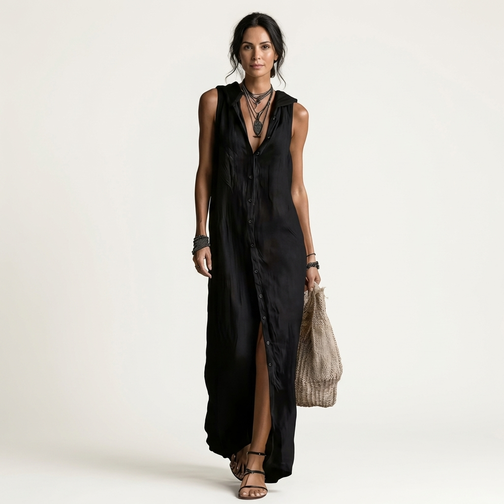 Mirabell | Hooded Button Front Sleeveless Linen Maxi Dress