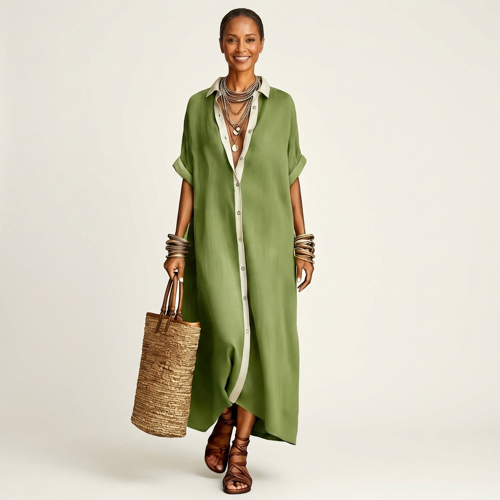 Kamira | Contrast Collar Button Front Short Sleeve Maxi Shirt