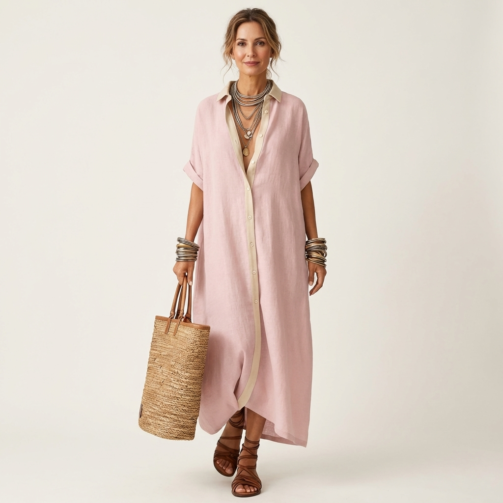 Kamira | Contrast Collar Button Front Short Sleeve Maxi Shirt
