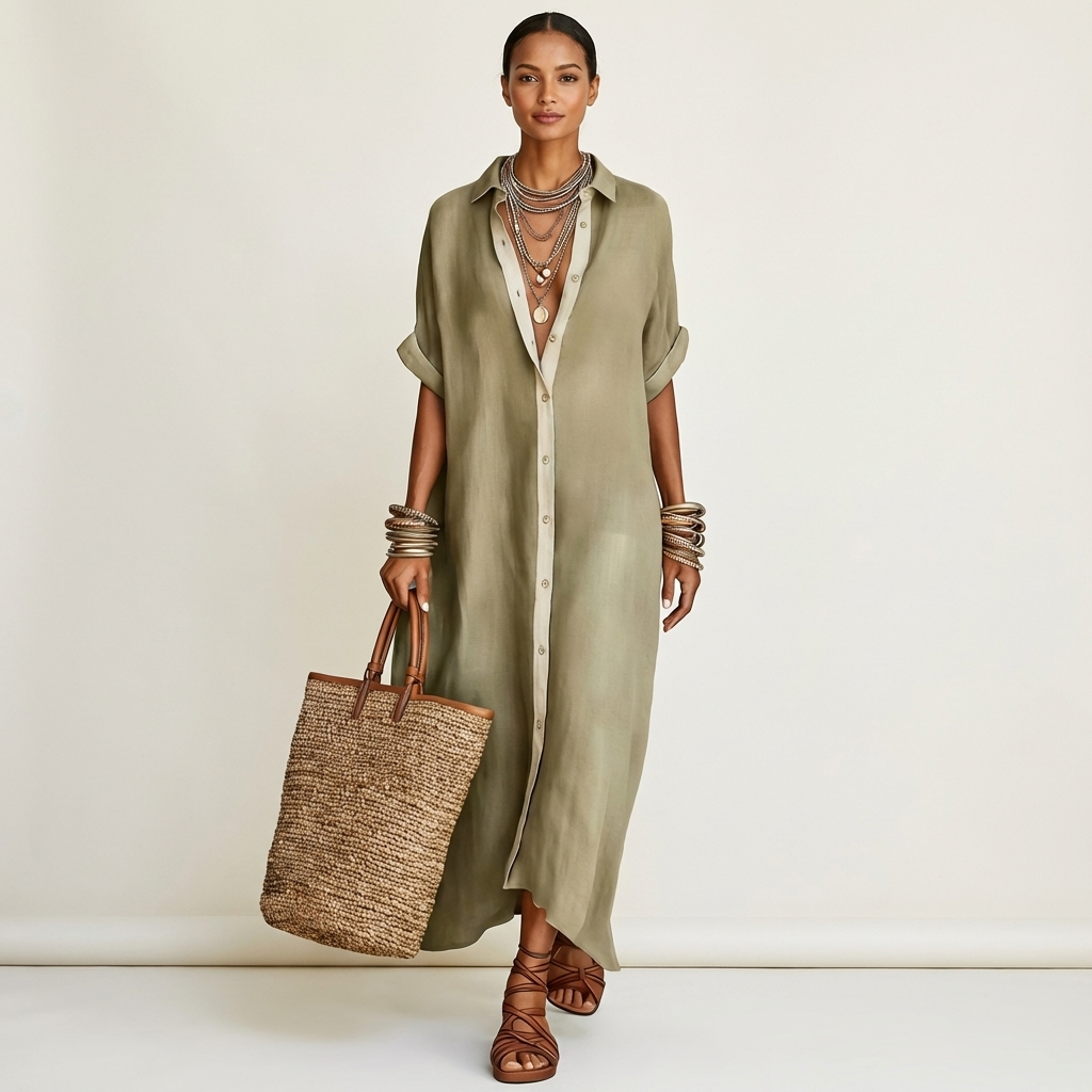 Kamira | Contrast Collar Button Front Short Sleeve Maxi Shirt