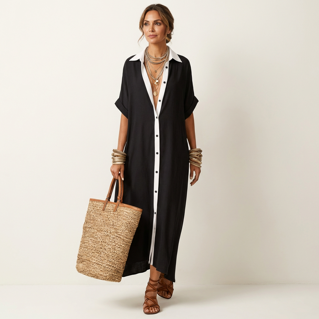 Kamira | Contrast Collar Button Front Short Sleeve Maxi Shirt