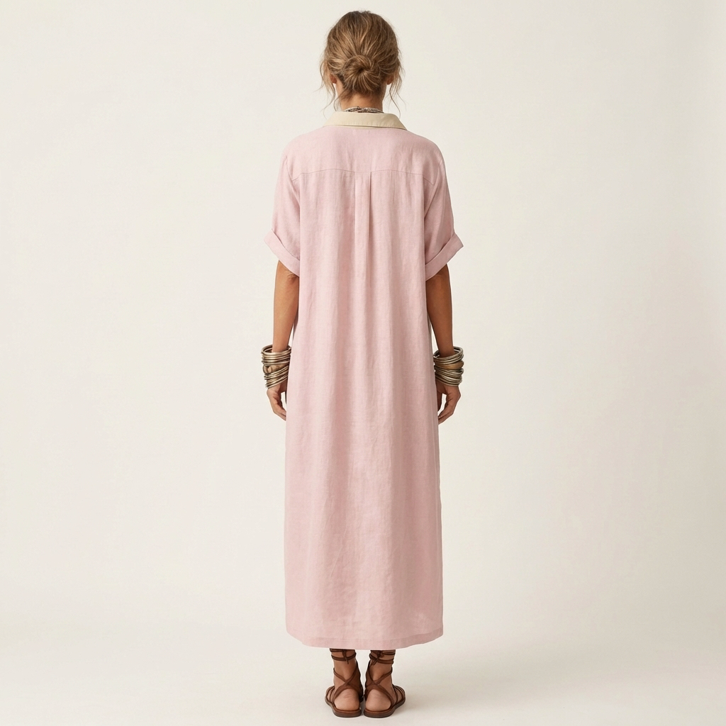 Kamira | Contrast Collar Button Front Short Sleeve Maxi Shirt