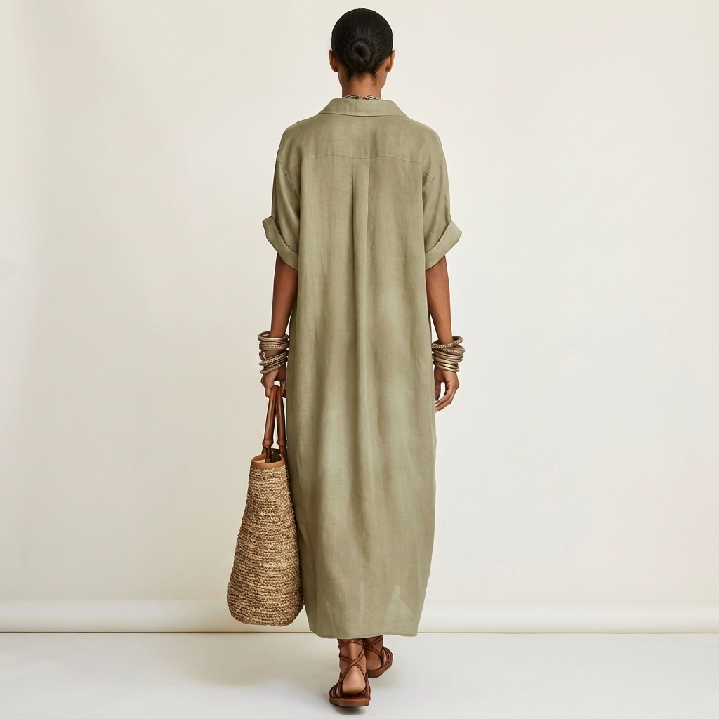 Kamira | Contrast Collar Button Front Short Sleeve Maxi Shirt