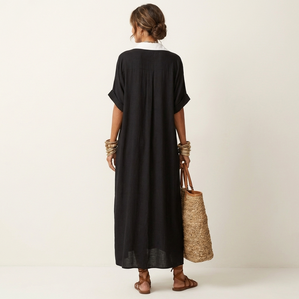 Kamira | Contrast Collar Button Front Short Sleeve Maxi Shirt
