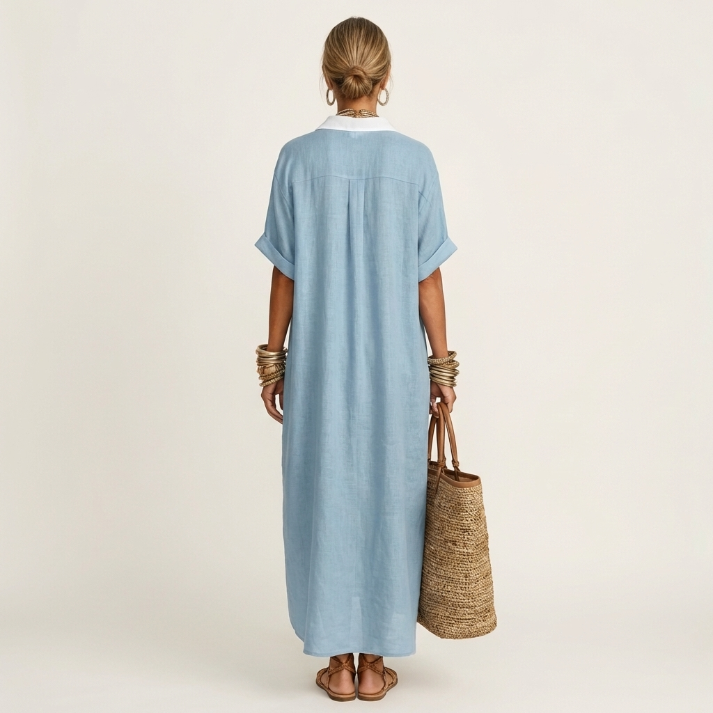 Kamira | Contrast Collar Button Front Short Sleeve Maxi Shirt