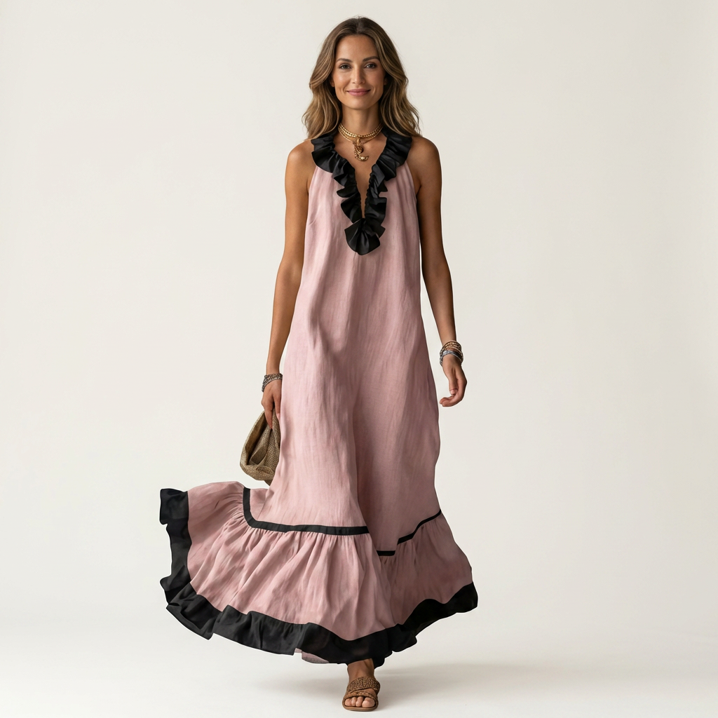 Mayline | Sleeveless Ruffle Neck Contrast Trim Maxi Dress