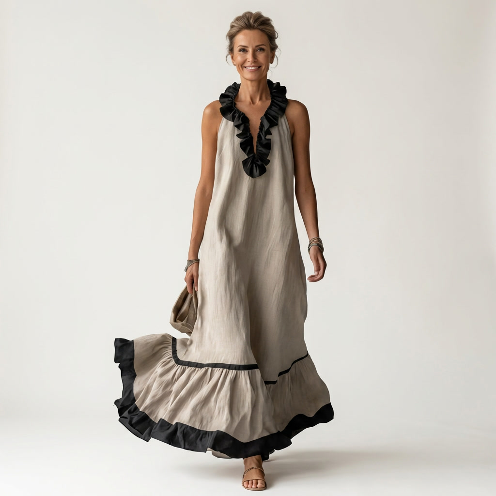 Mayline | Sleeveless Ruffle Neck Contrast Trim Maxi Dress