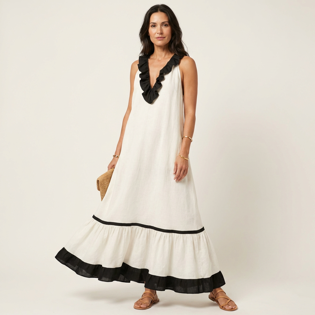 Mayline | Sleeveless Ruffle Neck Contrast Trim Maxi Dress