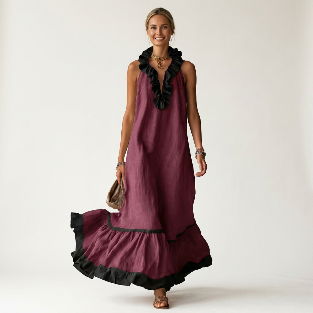 Mayline | Sleeveless Ruffle Neck Contrast Trim Maxi Dress