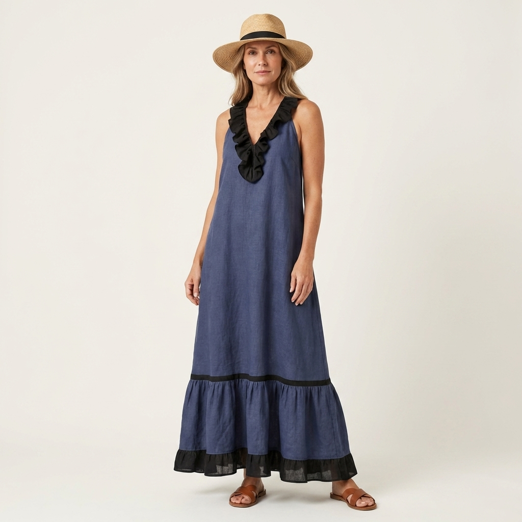 Mayline | Sleeveless Ruffle Neck Contrast Trim Maxi Dress