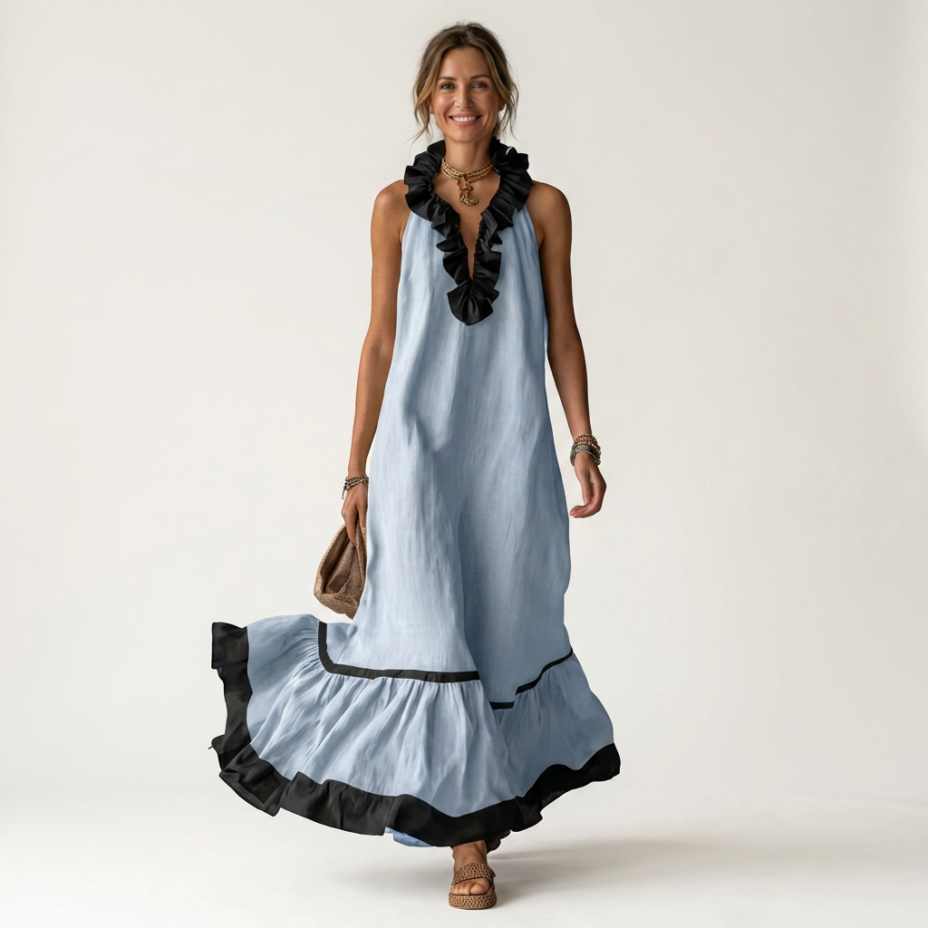Mayline | Sleeveless Ruffle Neck Contrast Trim Maxi Dress