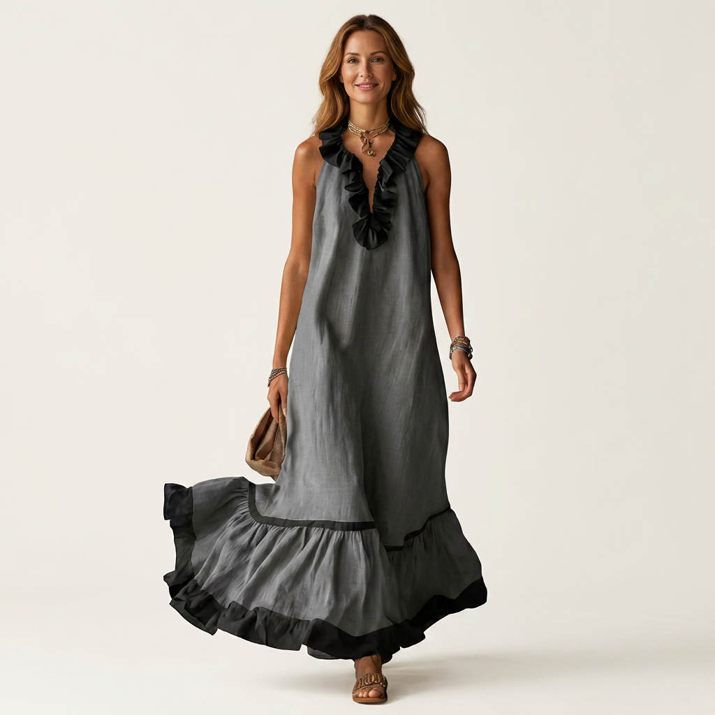 Mayline | Sleeveless Ruffle Neck Contrast Trim Maxi Dress