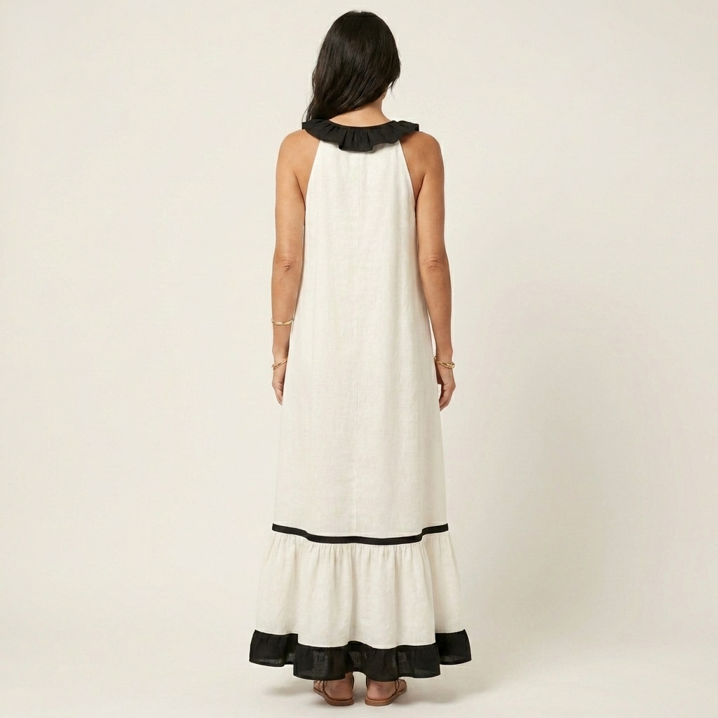 Mayline | Sleeveless Ruffle Neck Contrast Trim Maxi Dress