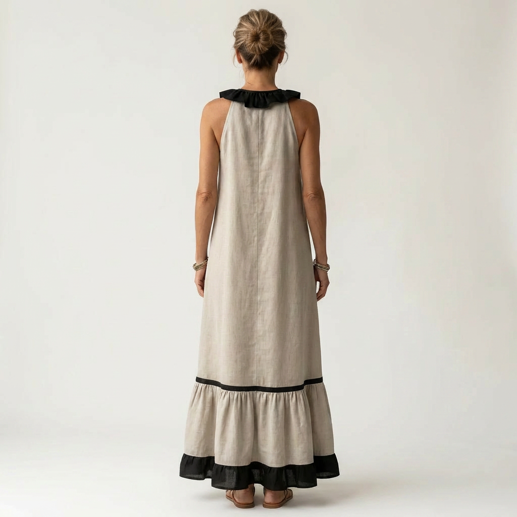Mayline | Sleeveless Ruffle Neck Contrast Trim Maxi Dress