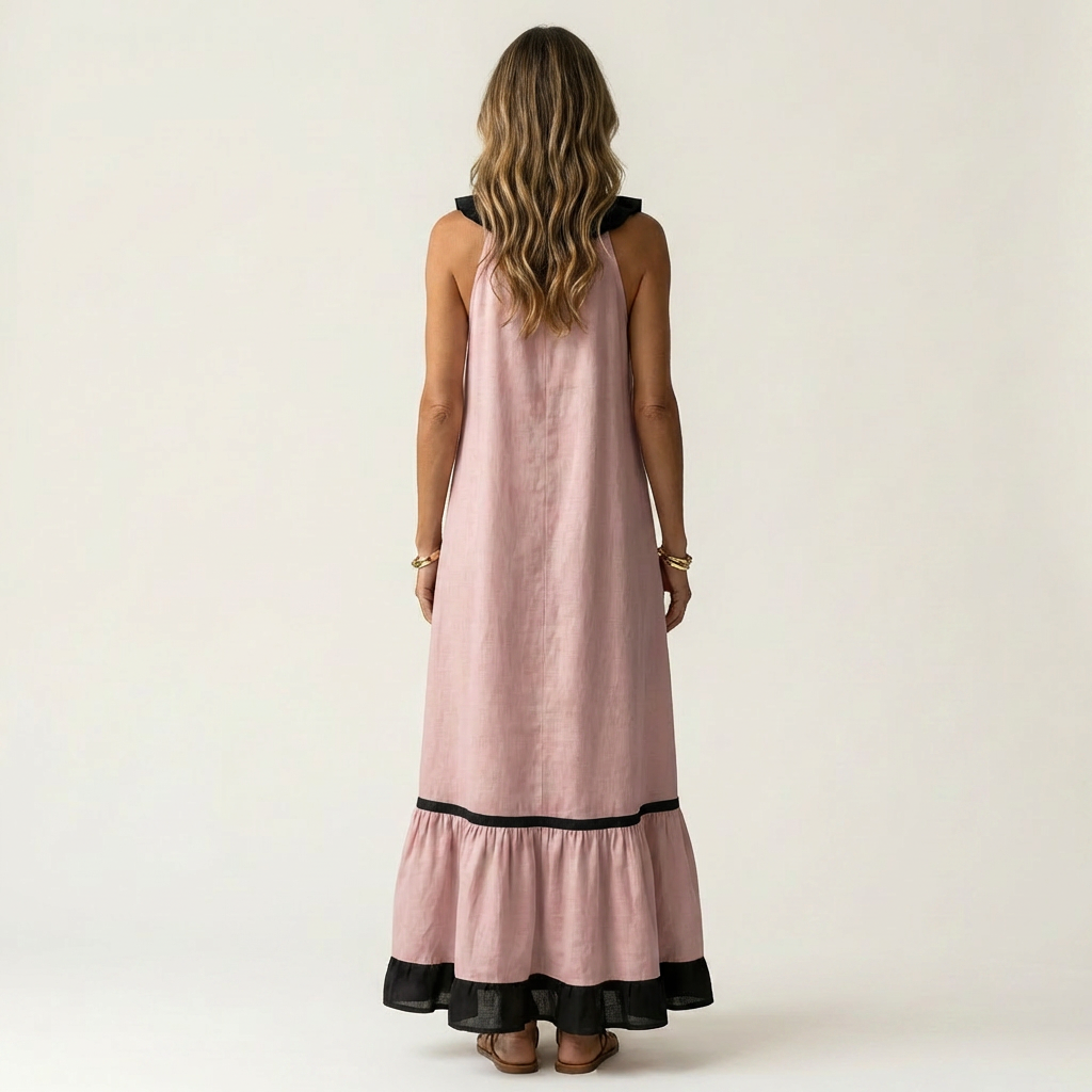 Mayline | Sleeveless Ruffle Neck Contrast Trim Maxi Dress