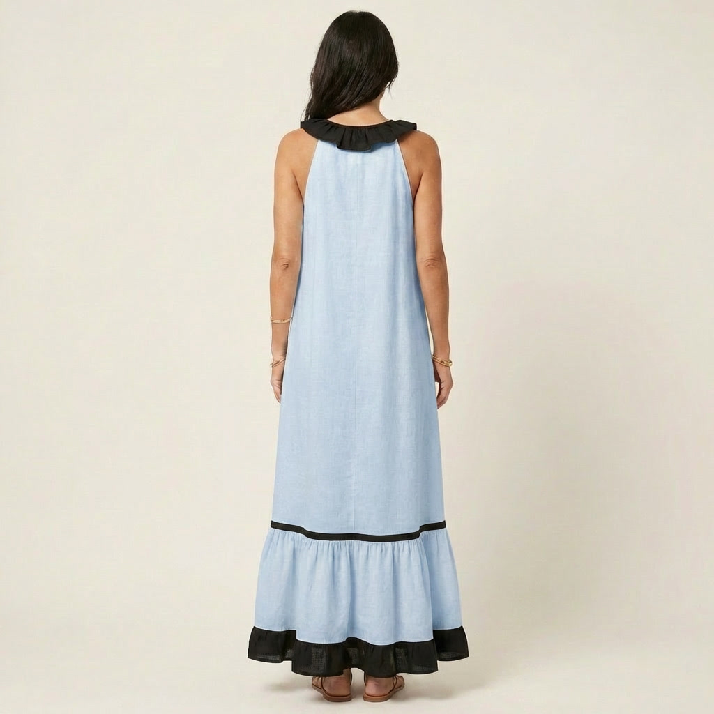 Mayline | Sleeveless Ruffle Neck Contrast Trim Maxi Dress