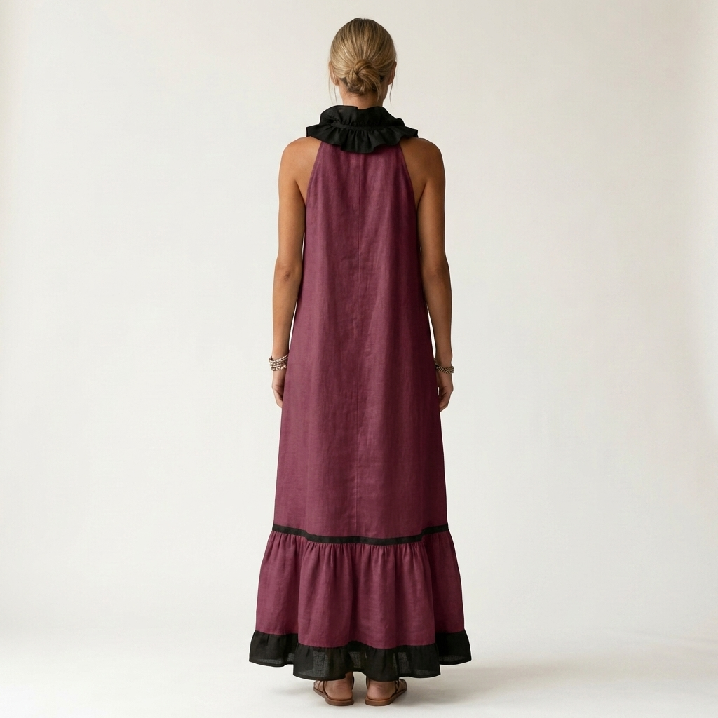 Mayline | Sleeveless Ruffle Neck Contrast Trim Maxi Dress