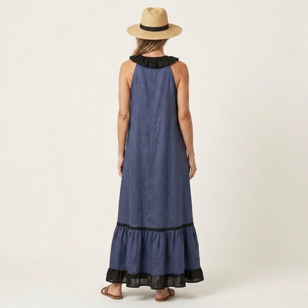 Mayline | Sleeveless Ruffle Neck Contrast Trim Maxi Dress