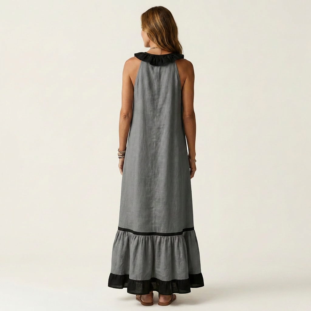Mayline | Sleeveless Ruffle Neck Contrast Trim Maxi Dress