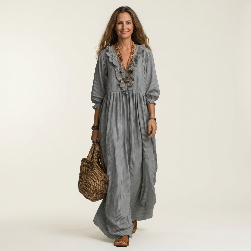 Yosetta | Ruffle V Neck Striped Lantern Sleeve Maxi Dress
