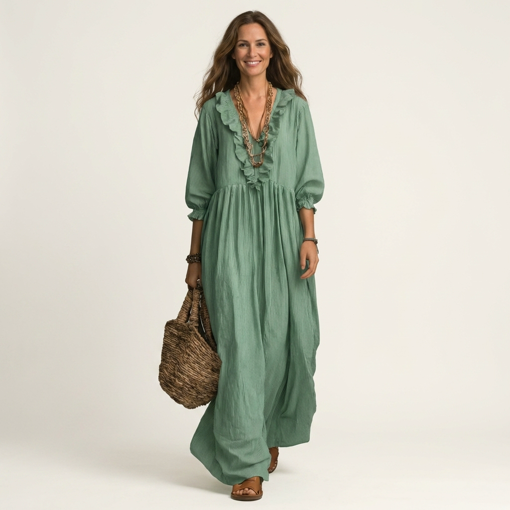 Yosetta | Ruffle V Neck Striped Lantern Sleeve Maxi Dress