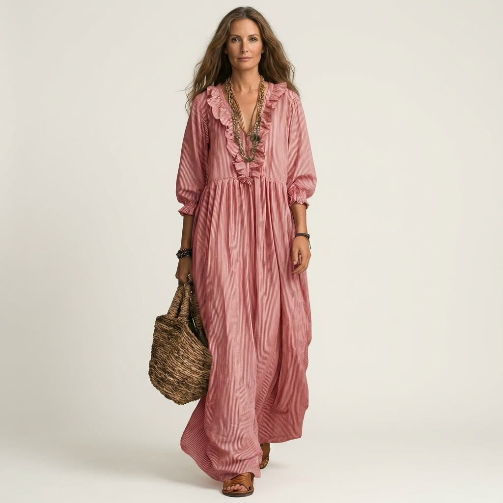 Yosetta | Ruffle V Neck Striped Lantern Sleeve Maxi Dress