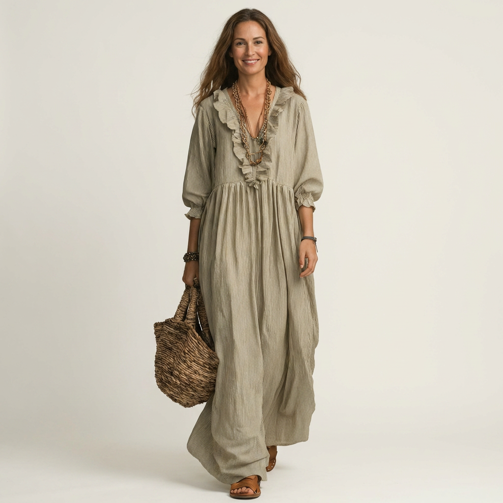 Yosetta | Ruffle V Neck Striped Lantern Sleeve Maxi Dress