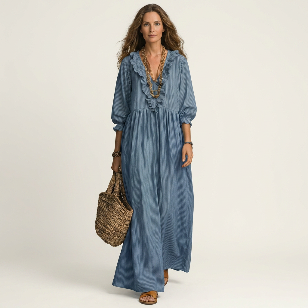 Yosetta | Ruffle V Neck Striped Lantern Sleeve Maxi Dress