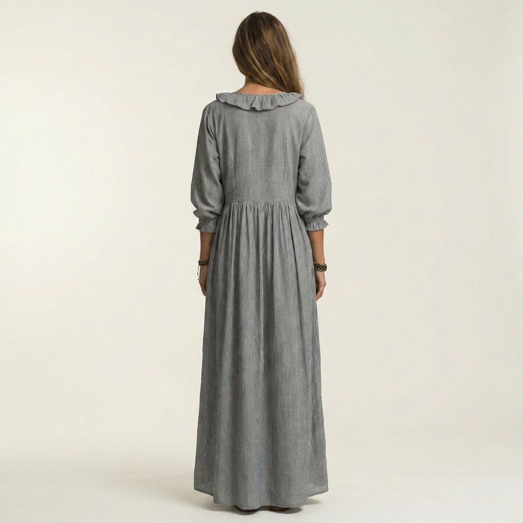 Yosetta | Ruffle V Neck Striped Lantern Sleeve Maxi Dress