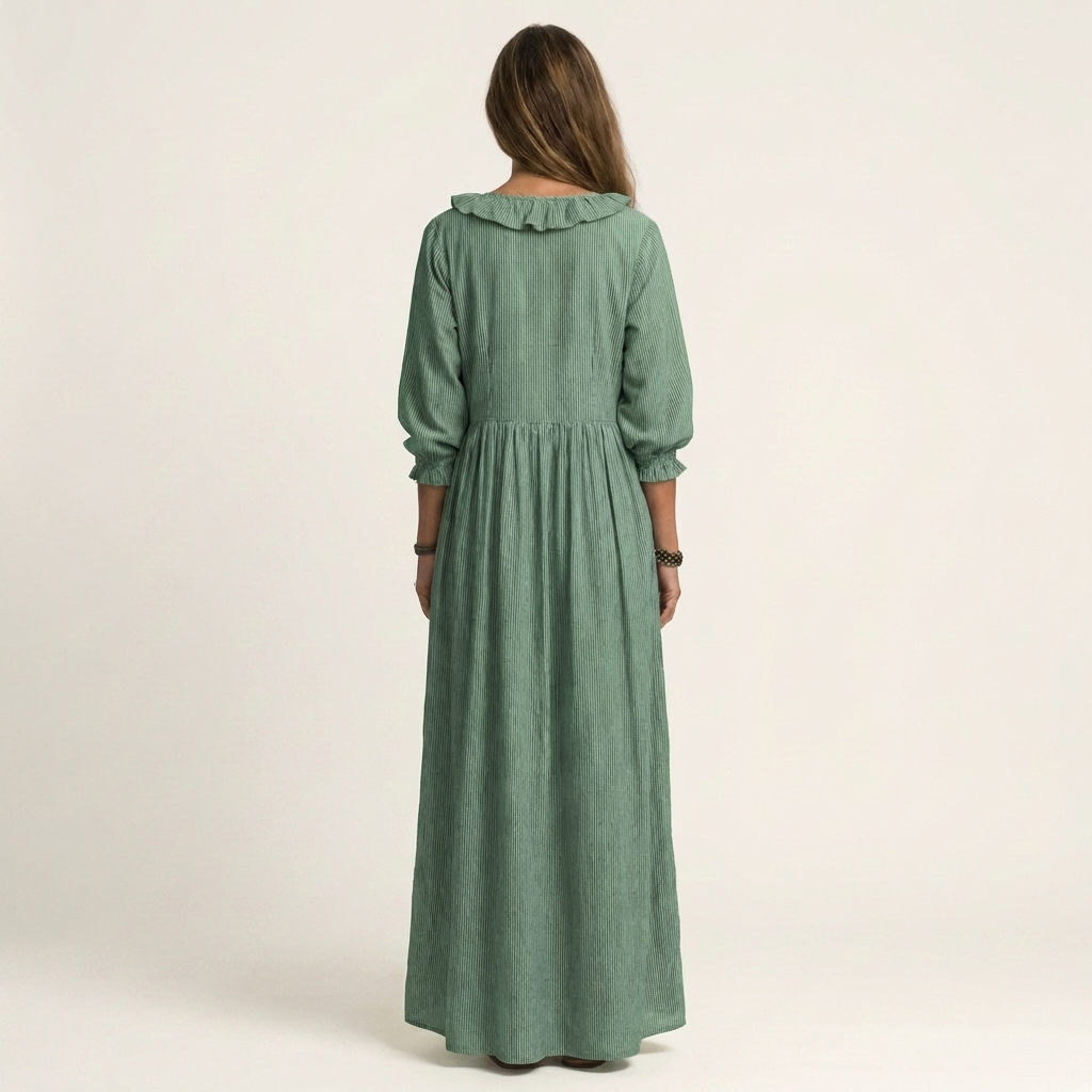 Yosetta | Ruffle V Neck Striped Lantern Sleeve Maxi Dress