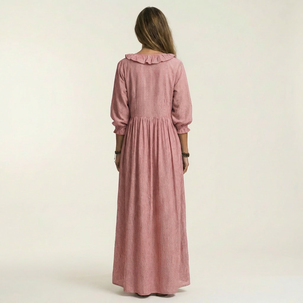 Yosetta | Ruffle V Neck Striped Lantern Sleeve Maxi Dress