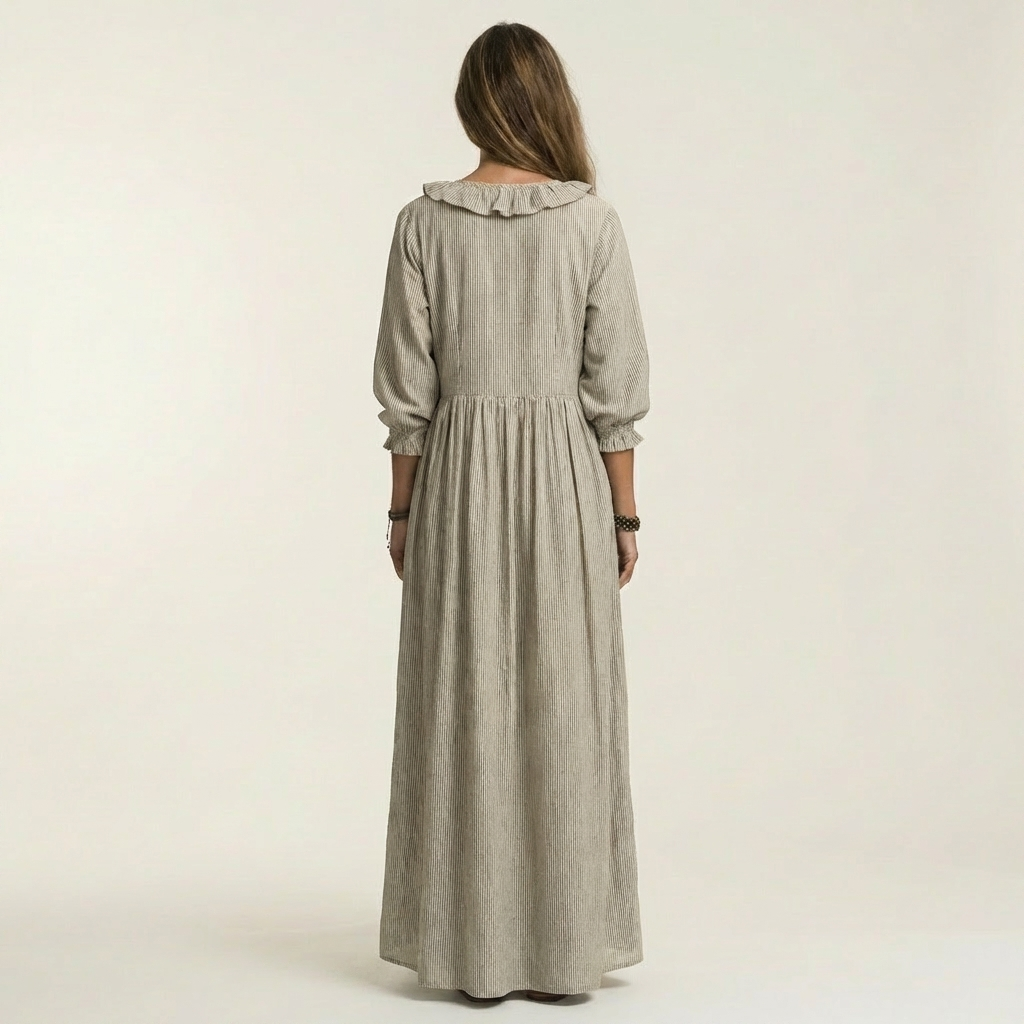 Yosetta | Ruffle V Neck Striped Lantern Sleeve Maxi Dress