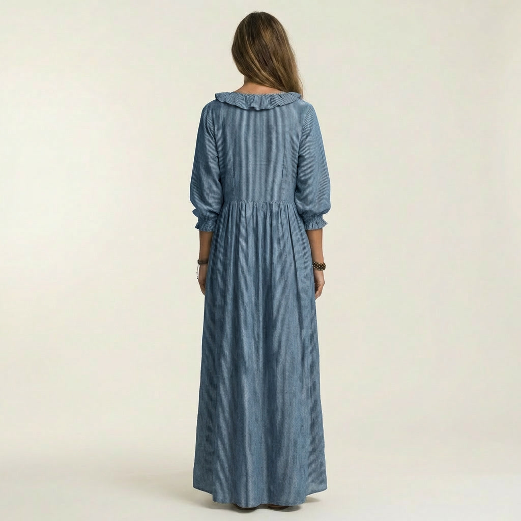 Yosetta | Ruffle V Neck Striped Lantern Sleeve Maxi Dress