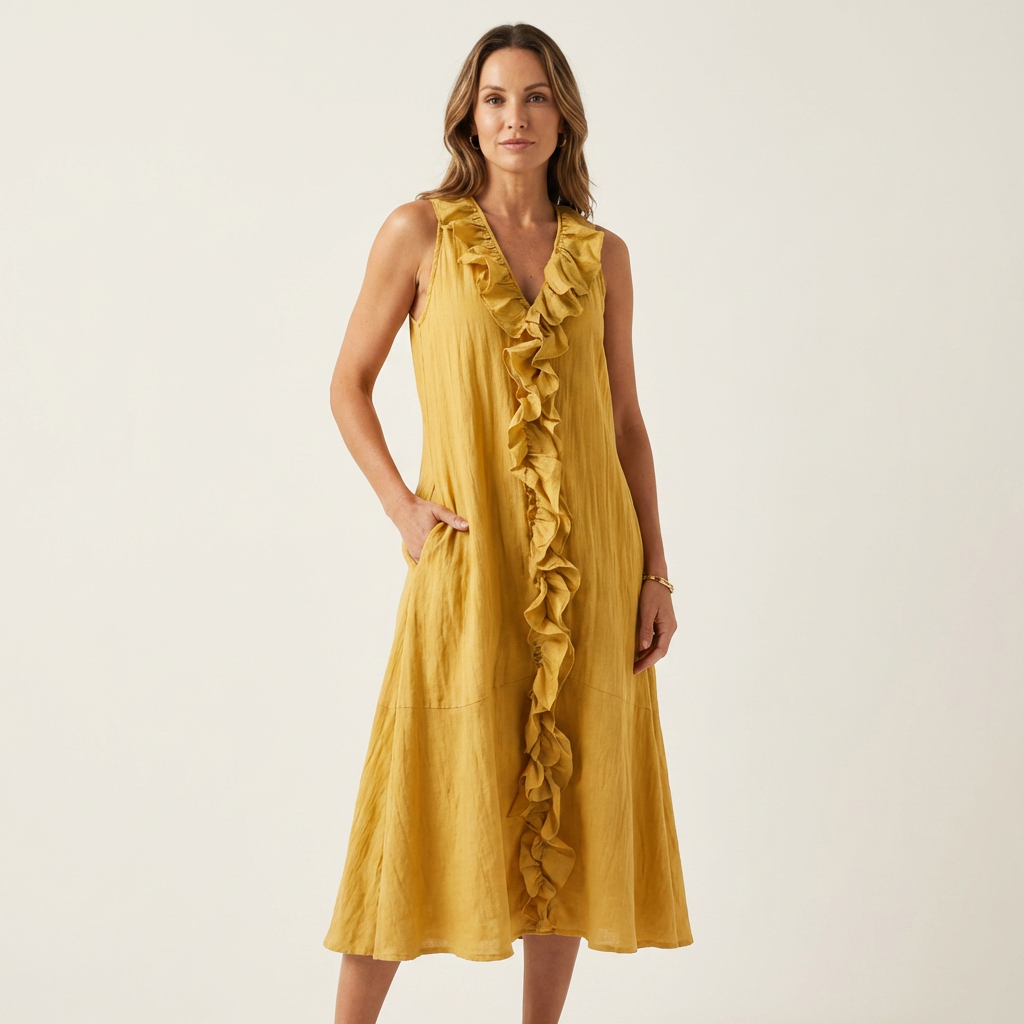 Vicky | Ruffle Front V Neck Sleeveless Linen Maxi Dress