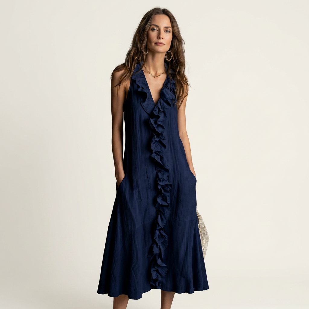 Vicky | Ruffle Front V Neck Sleeveless Linen Maxi Dress